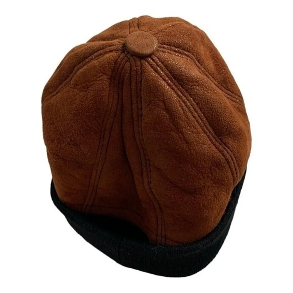 Women’s Genuine Leather Fur Beanie Winter Hat Brown Black Excellent One Size